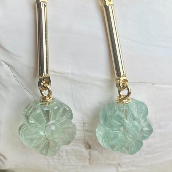 Hand Carved Fluorite Flower Earrings, Light Mint Green Translucent Gemstone - Picture 2 of 8